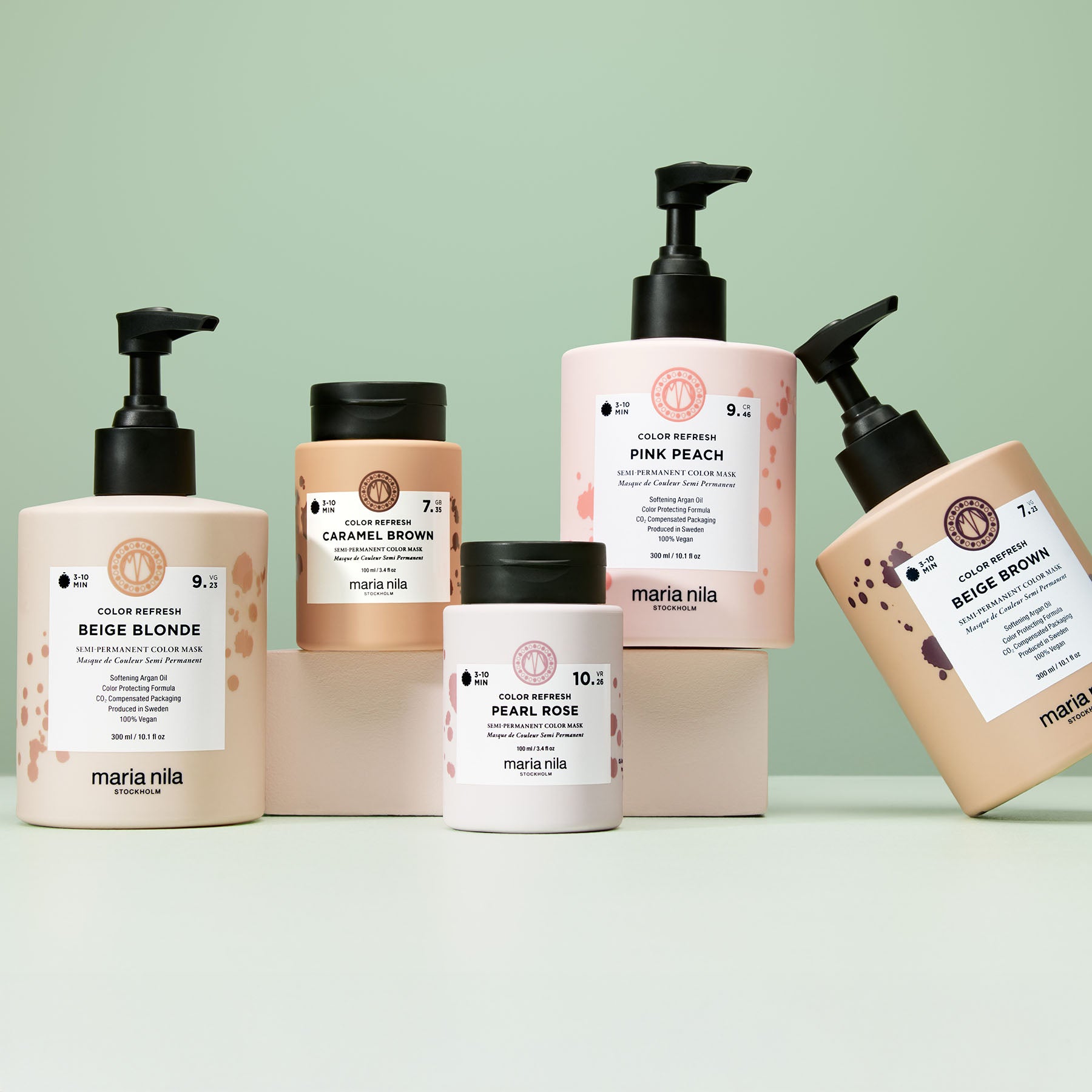 Collection of Maria Nila Color Refresh products on a light green background